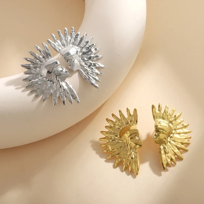 Sunburst Face Statement Stud Earrings for Women  Gold Silver Plated Hammered Irregular Big Abstract Face Party Ear Jewelry Gift