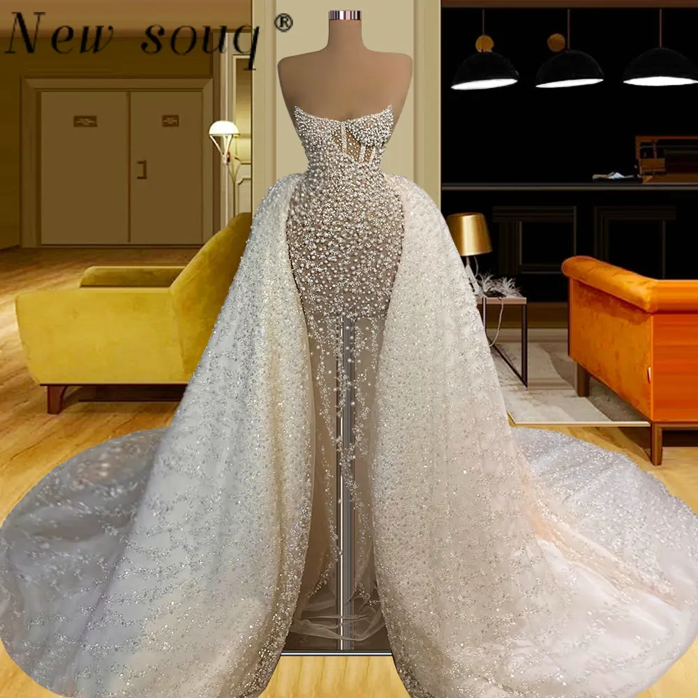 Robe de mariée de forme sirène, luxueuse tenue de mariage sans bretelles avec traîne détachable, effet d'illusion Sexy, 2 pièces, dubaï, 2023