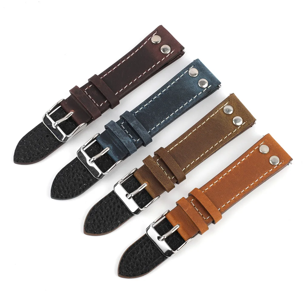 Genuine Leather Rivets Watch Band 18mm 20mm 22mm Vintage Crazy Horse Leather Bracelet Quick Release Watch Strap Replacement