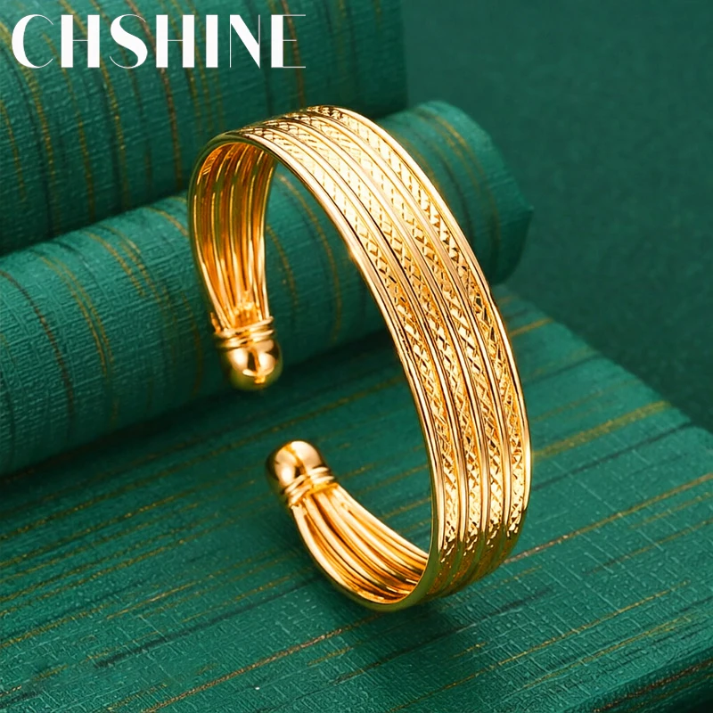 925 Sterling Silver 18K Gold Multi Layer Textured Open Bangle for Women Fashion Wedding Party Jewelry