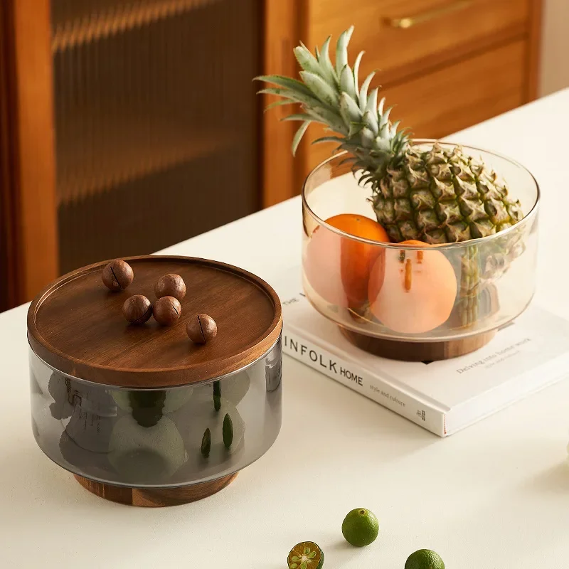 Acacia Wooden Glass Fruit Tray Salad Bowl High-foot Fruit Tray Table Living Room Snack Candy Dried Fruit Tray