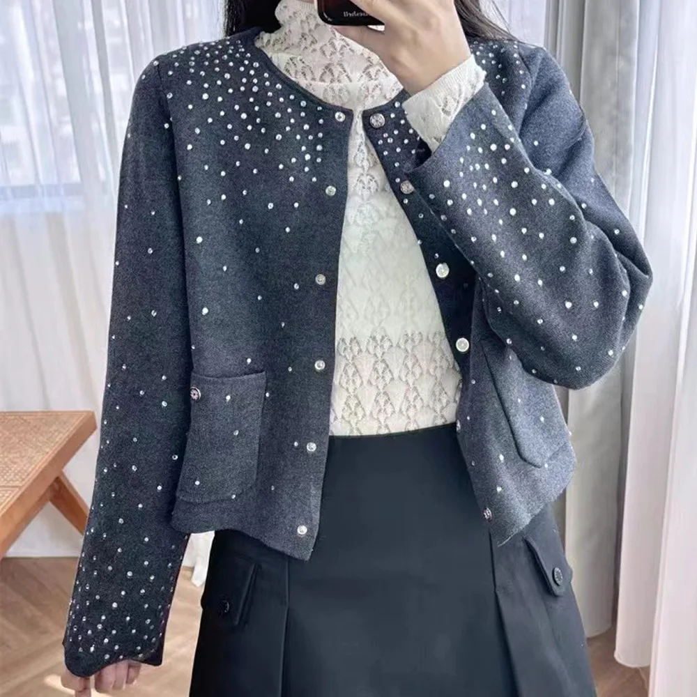 

M Home 2024, осенне-зимний круглый вязаный кардиган, женский универсальный свитер с бриллиантами, китайский обычный тонкий свитер