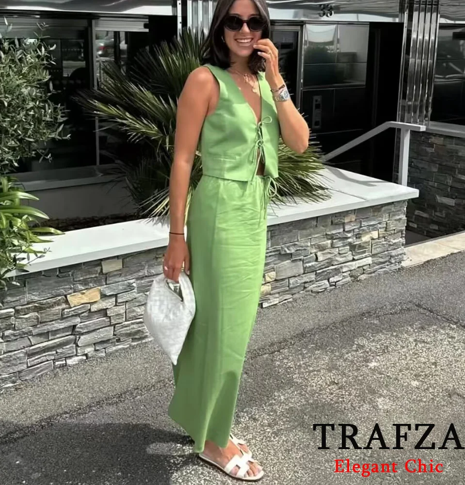 TRAFZA Casual Lace-up Solid Vest Set Women's New 2024 Summer Fasion Holiday Skirt Set Sleeveless Vests with Elastic Waist Skirt