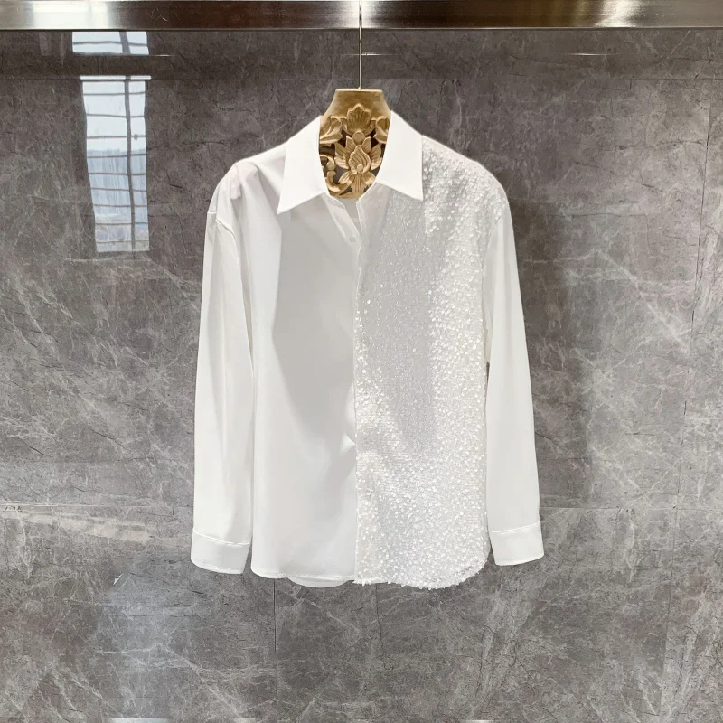 قميص كوري جديد لعام 2025 بتصميم متخصص لقميص رجالي للربيع والخريف بلون سادة وأكمام طويلة