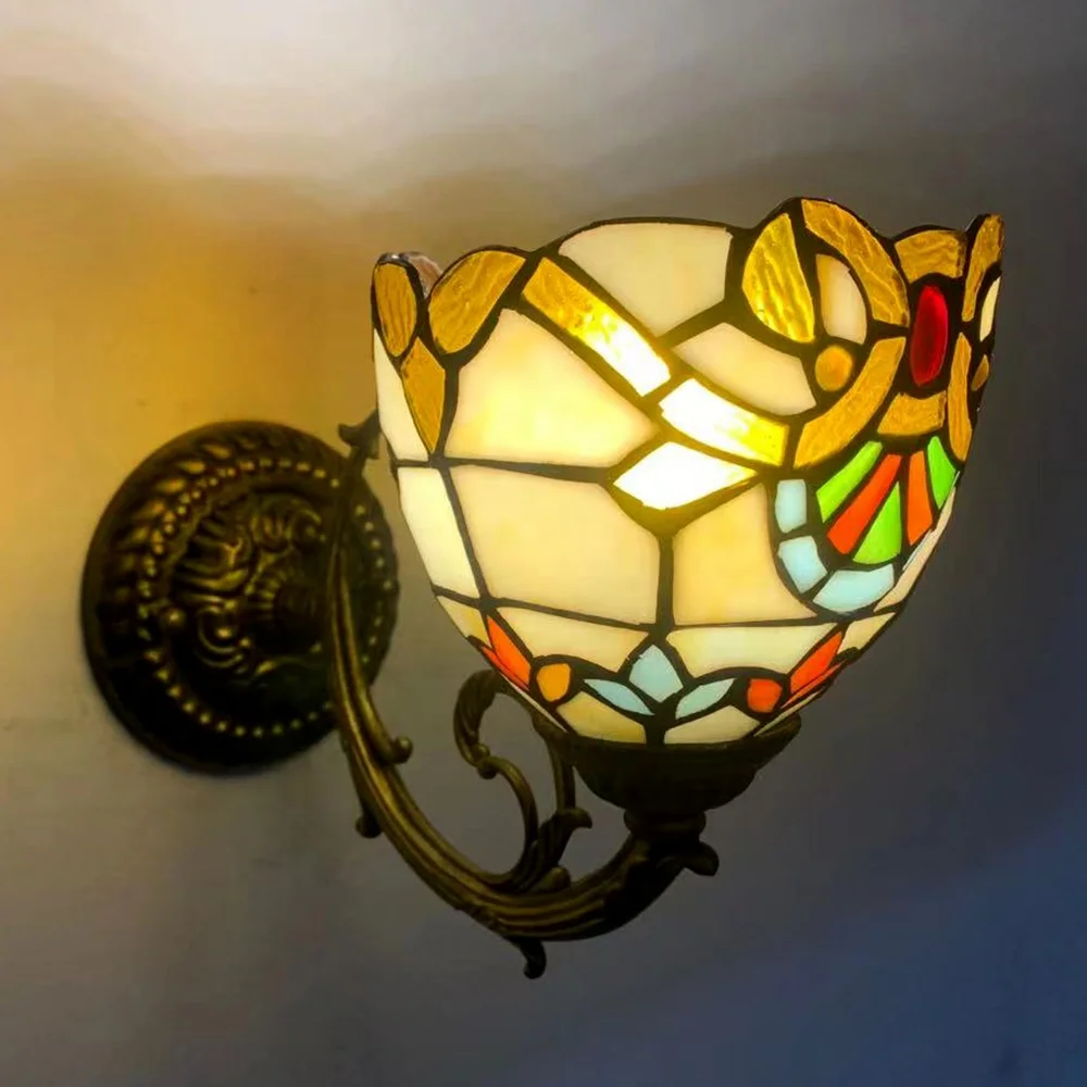 LongHuiJing 8 Inch Stained Glass  Yellow Handmade LED Midcentury Wall Lamp E26 Bulb Living Room Home Lighting Decor