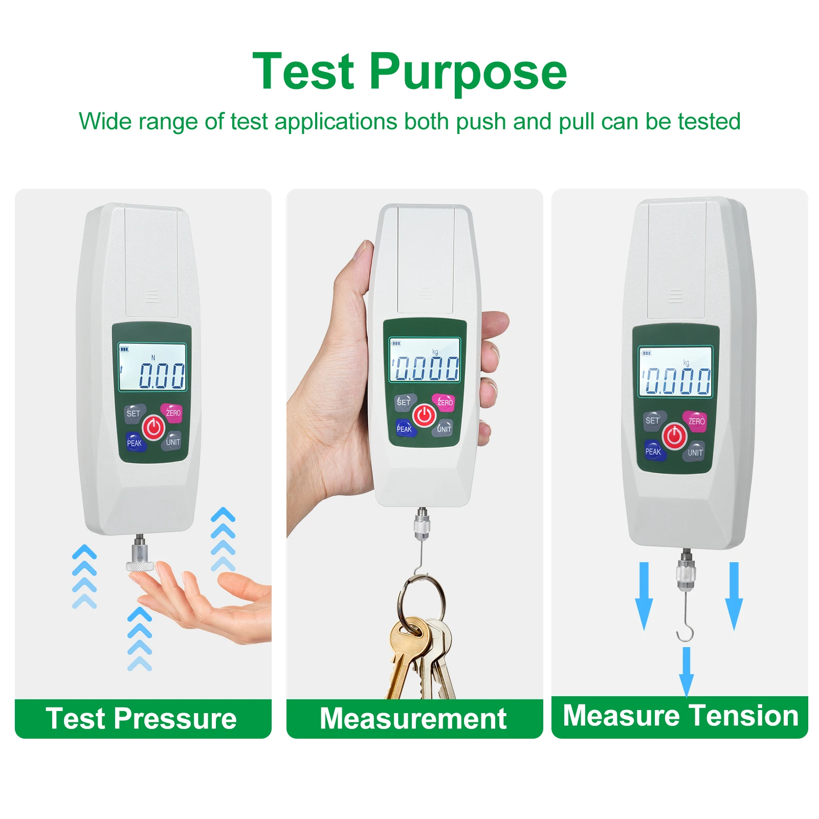 Digital Force Gauge 50N/5KG/500N/50KG Push & Pull Tester Meter Mini Dynamometer with 4 Measurement Units Auto Backlight Buzzer