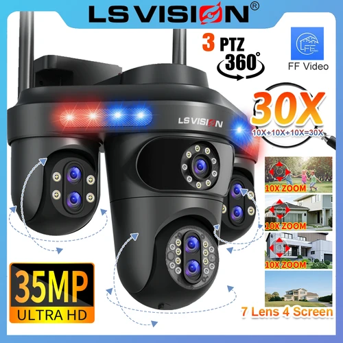 Imagen 1 del producto LS VISION 10XZoom 4 pantallas WiFi cámara IP al aire libre 35MP 7 lentes videovigilancia tres 360 PTZ cámaras de seguridad de seguimiento automático