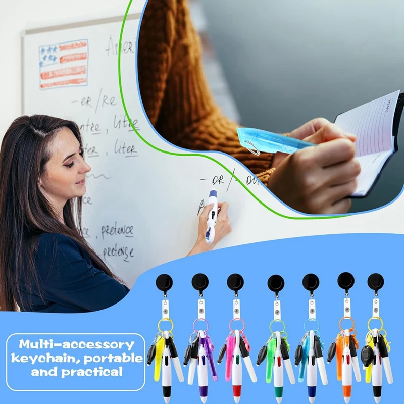 Smart-8Pack バッジ リール ペン 格納式シャトル ペン ミニ マーカー ペン付き 懐中電灯 キー リング 格納式バッジ ホルダー
