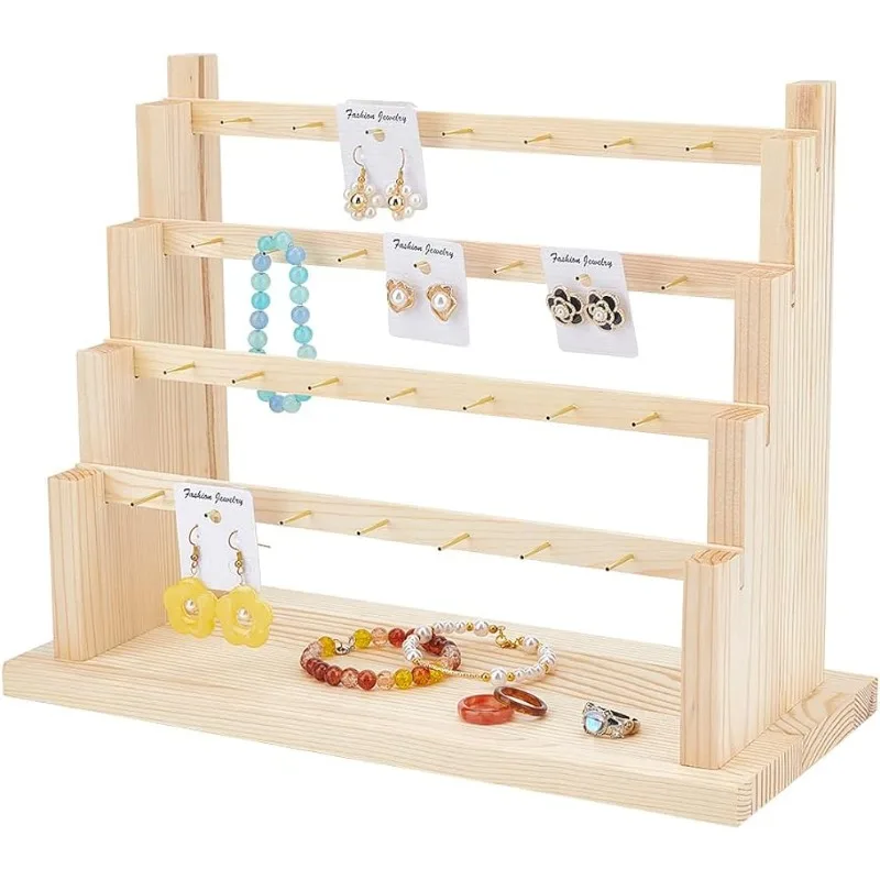 4 Tier Earring Stand Display, Wood Earring Holder Organizer Ear Stud Holder Rack Removable Wooden Jewelry Showcase