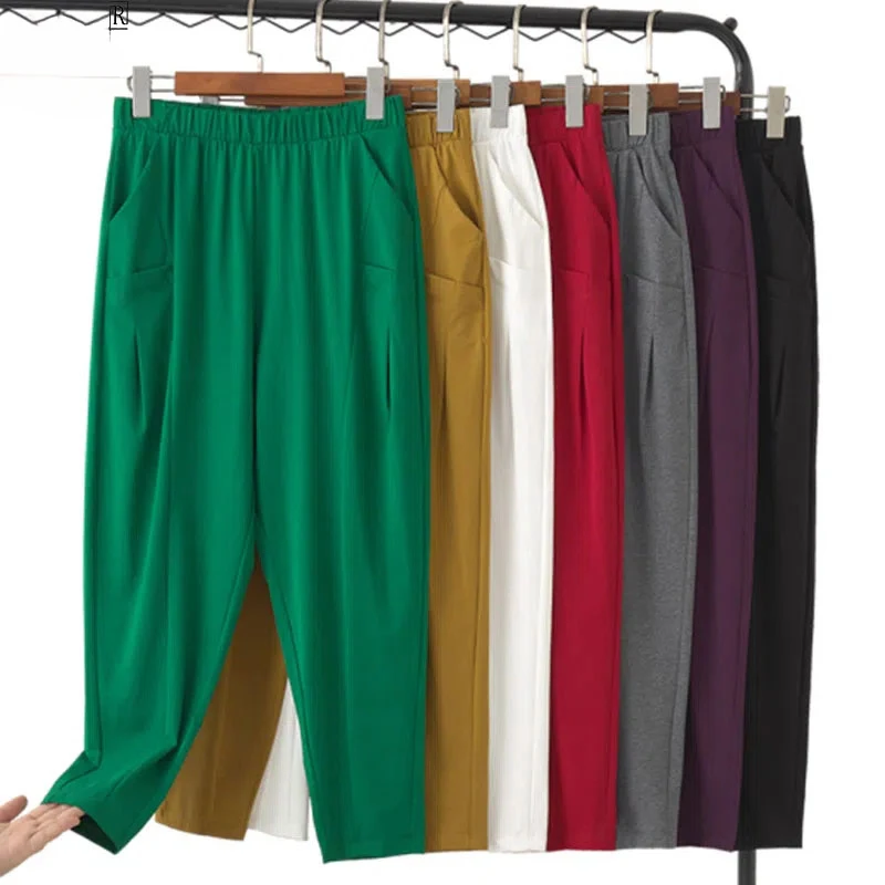 2024 Oversize Cotton Stretch Harem Pants Mother Thin Baggy Pantalones Women Candy Color Casual Capris High Waist Trousers A841