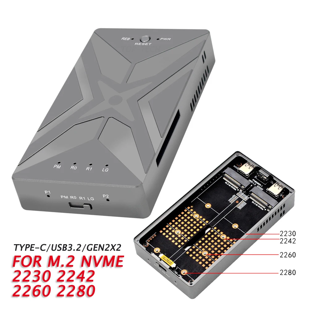 

M.2 NVME M2 SSD Case Dual Bay RAID Mobile Ssd External Hard Drive Type-C USB 3.2 External Hd Case Enclosure Gen 2 20Gbps