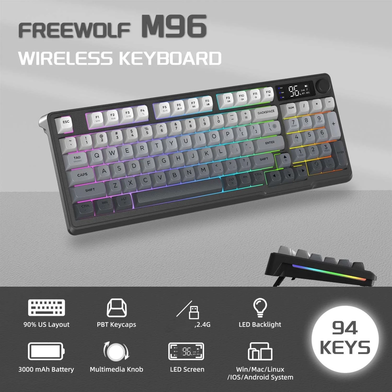 

Freewolf M96 Wireless Gaming Keyboard, Knob Control BT/2.4g, RGB LED Backlight Display, Pbt Keycap, 3000mah Battery, Us Layout