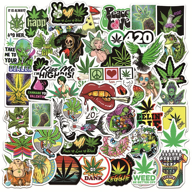 50PCS Weed Marijuana Leaves Plant Vinyl Stickers Decal For Bottles Waterproof Laptop Skateboard Computer Car Bike Teens Adults