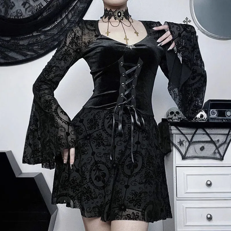 

New Fashion Temperament Elegant Slim Dress, Retro Dark Flocking Long-sleeved Dress For Women
