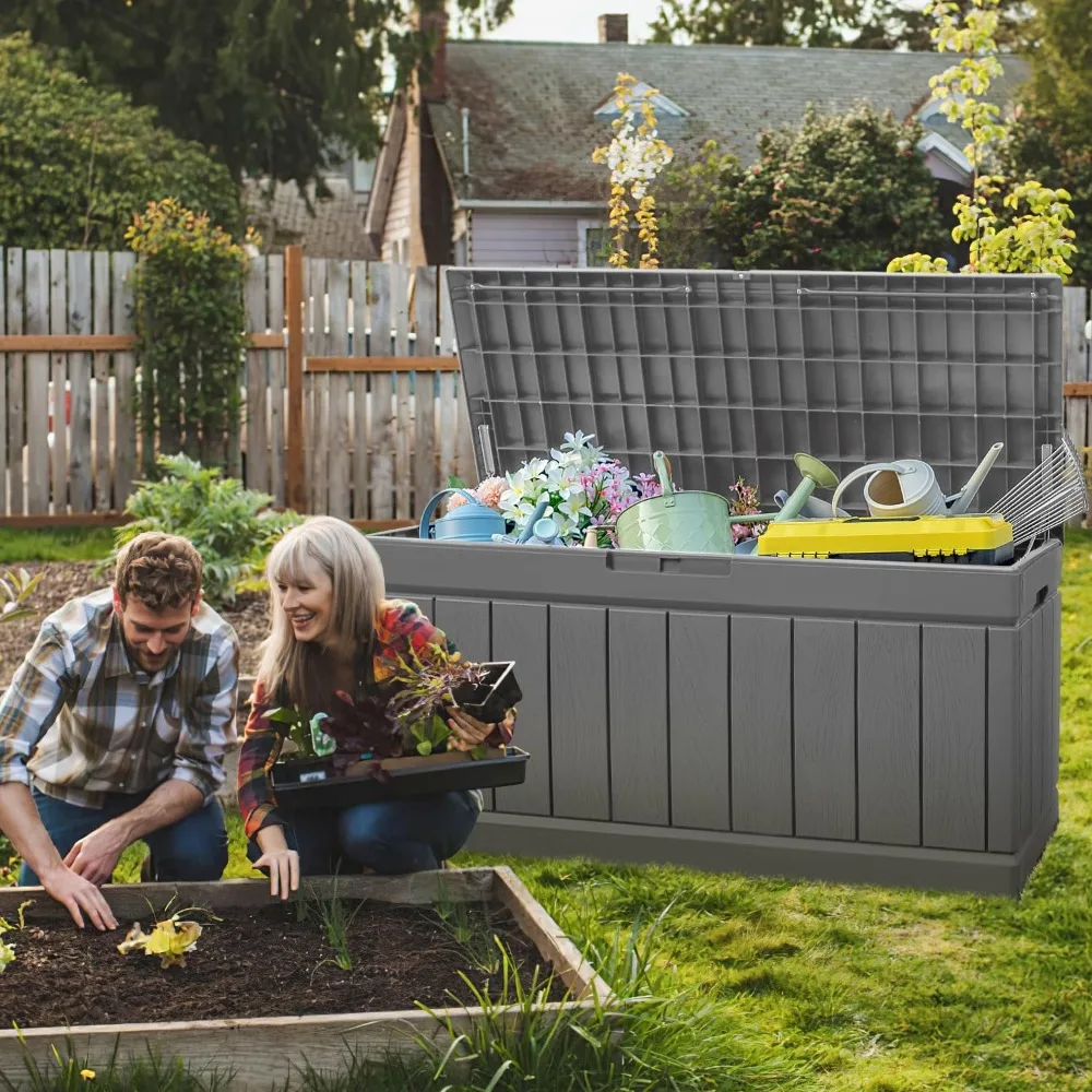 82 Gallon Resin Deck Box Large Outdoor Storage for Patio Furniture, Garden Tools, Weatherproof and UV Resistant, Lockable