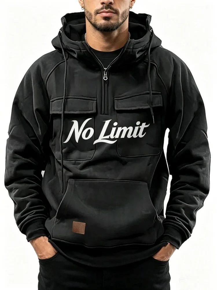 Men's Half Zip Up Hoodie No Limit Letter Print Multi-Pocket Casual Loose Fit Pullover Sweatshirt