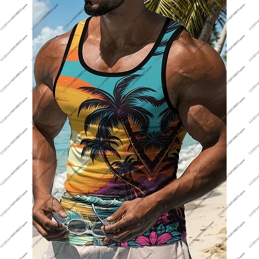 الصيف الاستوائية بدلة ركوب الأمواج تانك القمم الرجال عطلة الشاطئ تي شيرت تنفس سترة رياضية غير رسمية هدية شجرة النخيل بحر هاواي #2