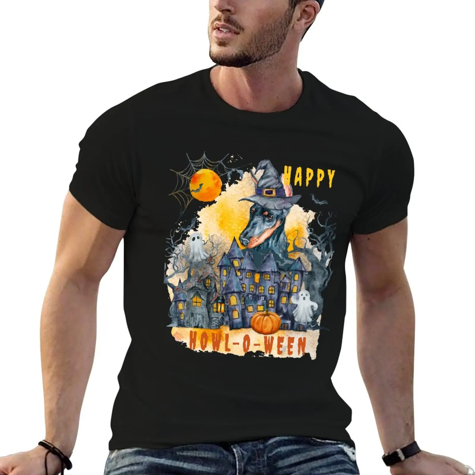 Doberman Happy Howl-o-ween Ghost Houses Funny Watercolor T-Shirt Christmas Theme Tee Top