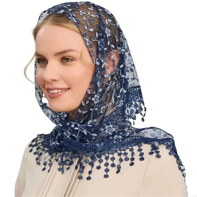 

Fashionable Triangular Head Scarf with Elegant Flower Pattern Fringed Lace Head Wrap for Youth Women Vacation Headdress