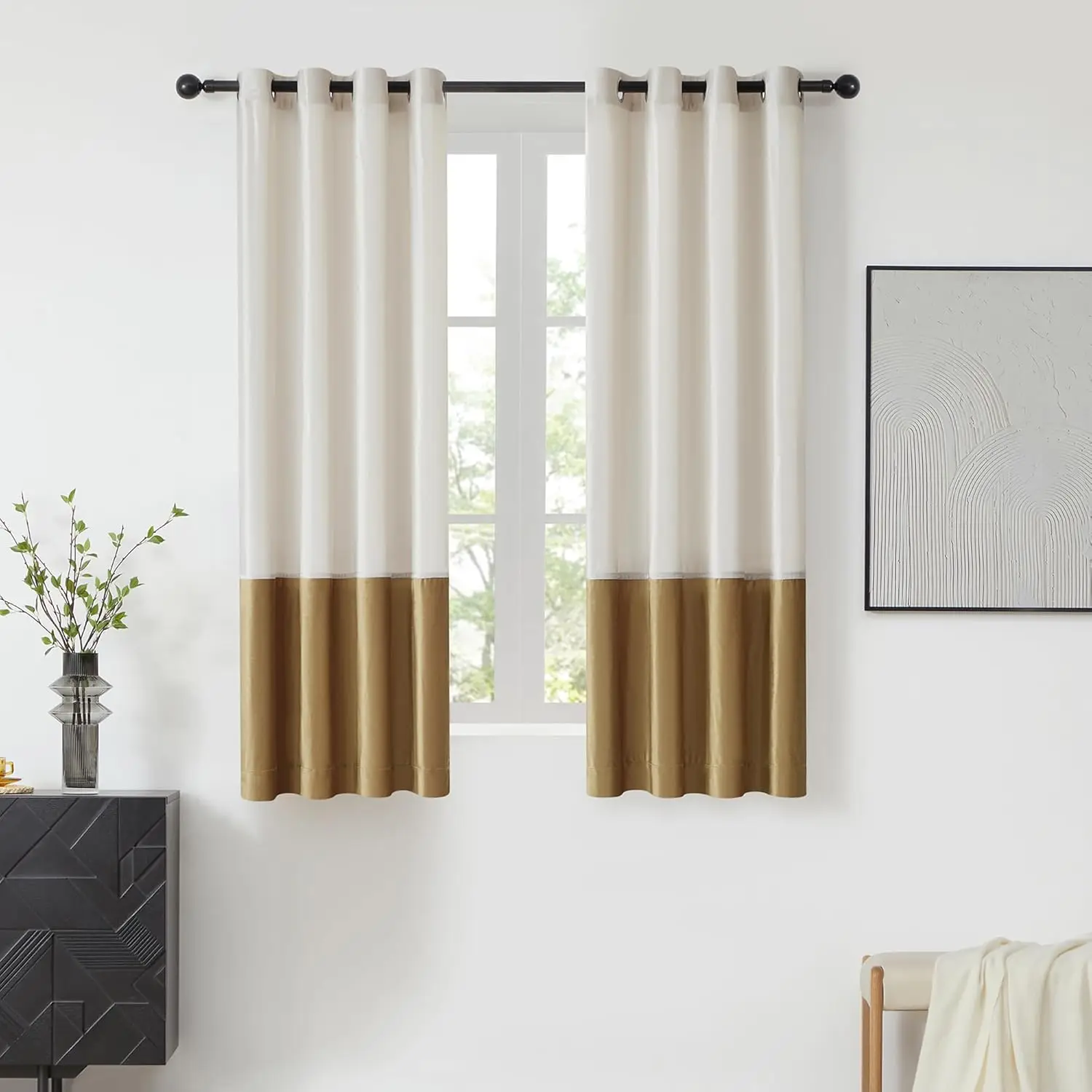

Bulbul Color Block Window Curtains Panels 63 Inches Long Cream Ivory Gold Velvet Farmhouse Drapes For Bedroom Living Room