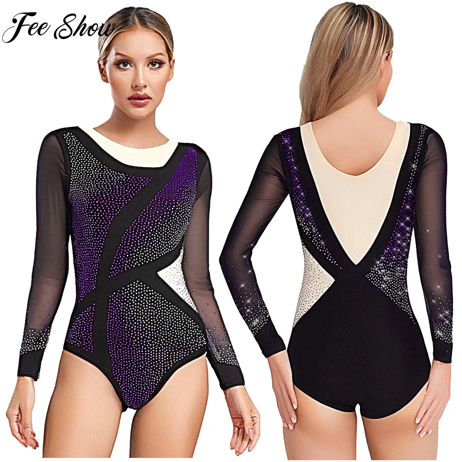 

Womens Adult Rhythmic Gymnastics Leotards for Swimsuits Long Sleeve Rhinestone Mesh Ballet Dance Bodysuit Figure Skating Costume