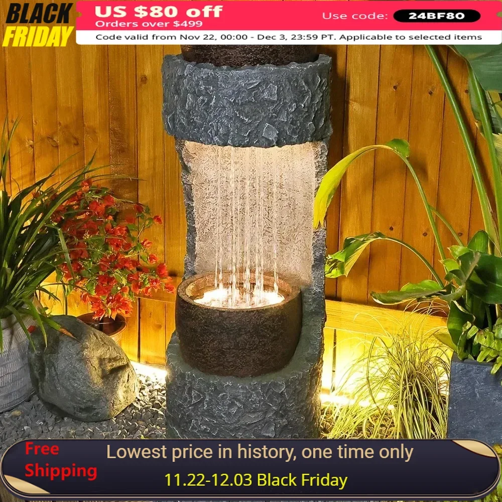 

Fountain with LED Lights, Pump, Natural Stones for Garden, 42 Inches Height, Fountain