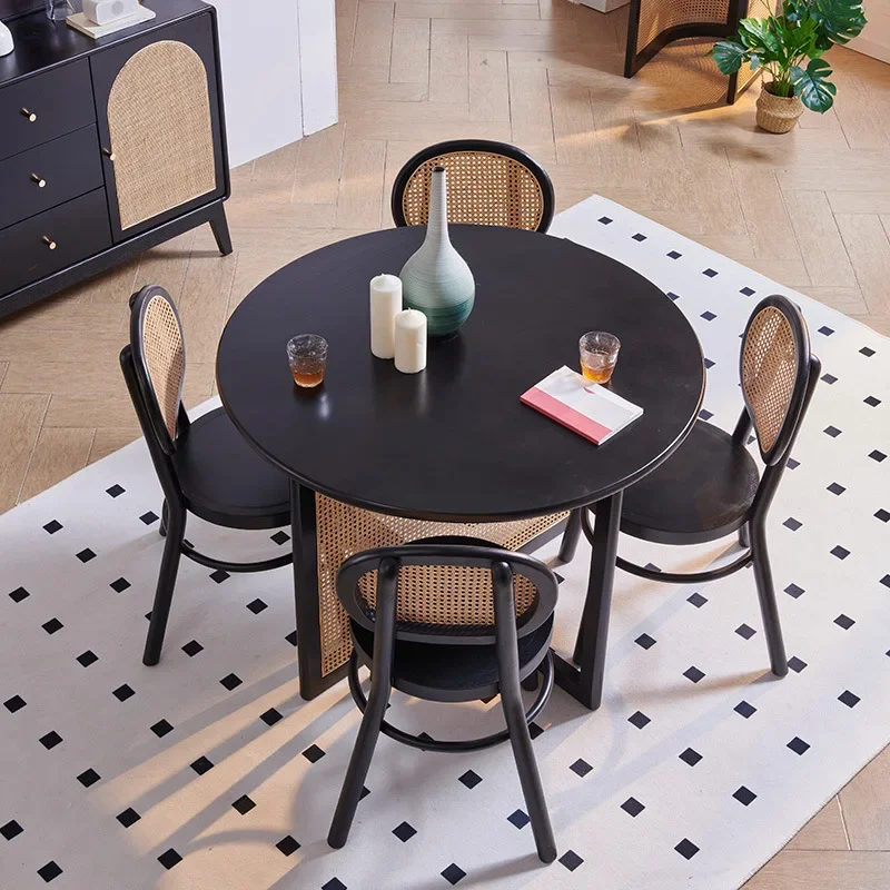 Nordic rattan solid wood dining table black small apartment simple hotel restaurant dining chair round table combination