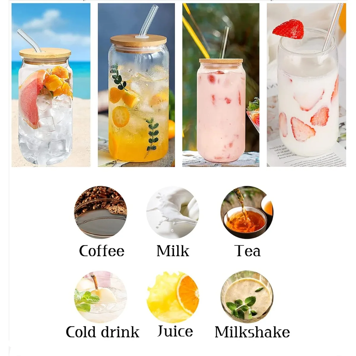 16oz Glass Drinking Cup Comes with A Bamboo Lid and A Glass Straw Suitable for Cocktails Coffee Beverages Etc. view 5