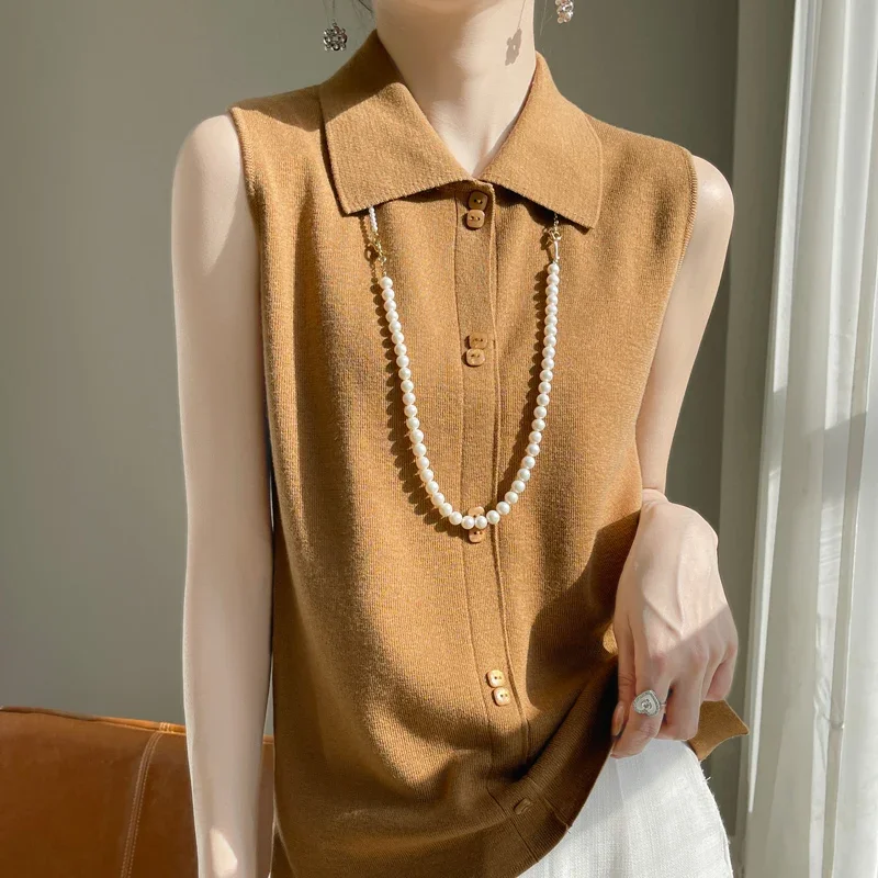 Spring and Autumn New POLO Collar Top Shirt Women's Sleeveless Wool Knitted Tank Top Thin Inner Layup Top