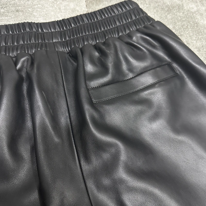 2023 Genuine Leather Wide Leg Casual Pants for Women Fall Winter Fashion Elastic High Waist Ladies Sheepskin Calf-Length Pants