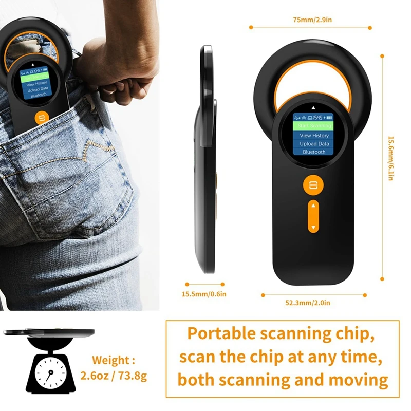 قارئ شرائح الحيوانات الأليفة الصغيرة بتقنية البلوتوث الكامل ، ماسح ضوئي عالمي لعلامات الحيوانات ، 3 في 1 ، لاسلكي ، USB ، من نوع GHz