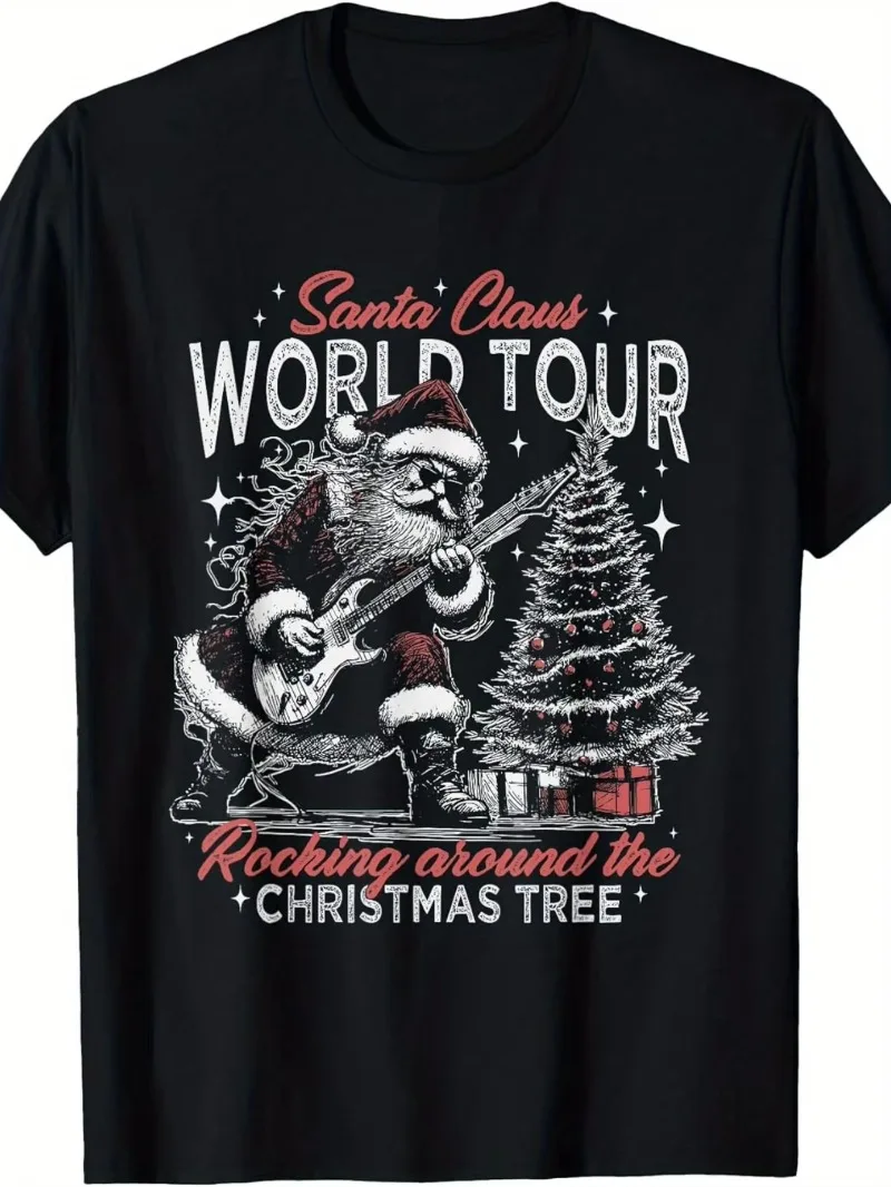 Daily Casual Santa World Tour Rock Guitar T Shirt Christmas Tree Graphic Women Short Sleeve Crew Neck Xmas Music Tops