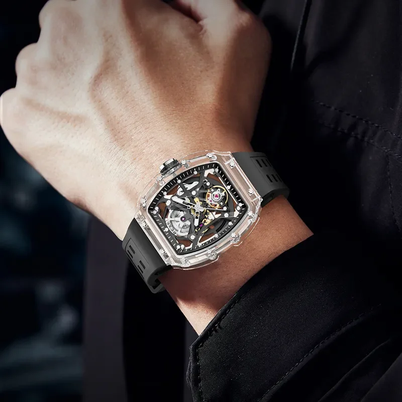 Bexei relógio mecânico automático masculino, relógio vintage com movimento esqueleto de vento automático tr90, caixa transparente, luminoso 9130