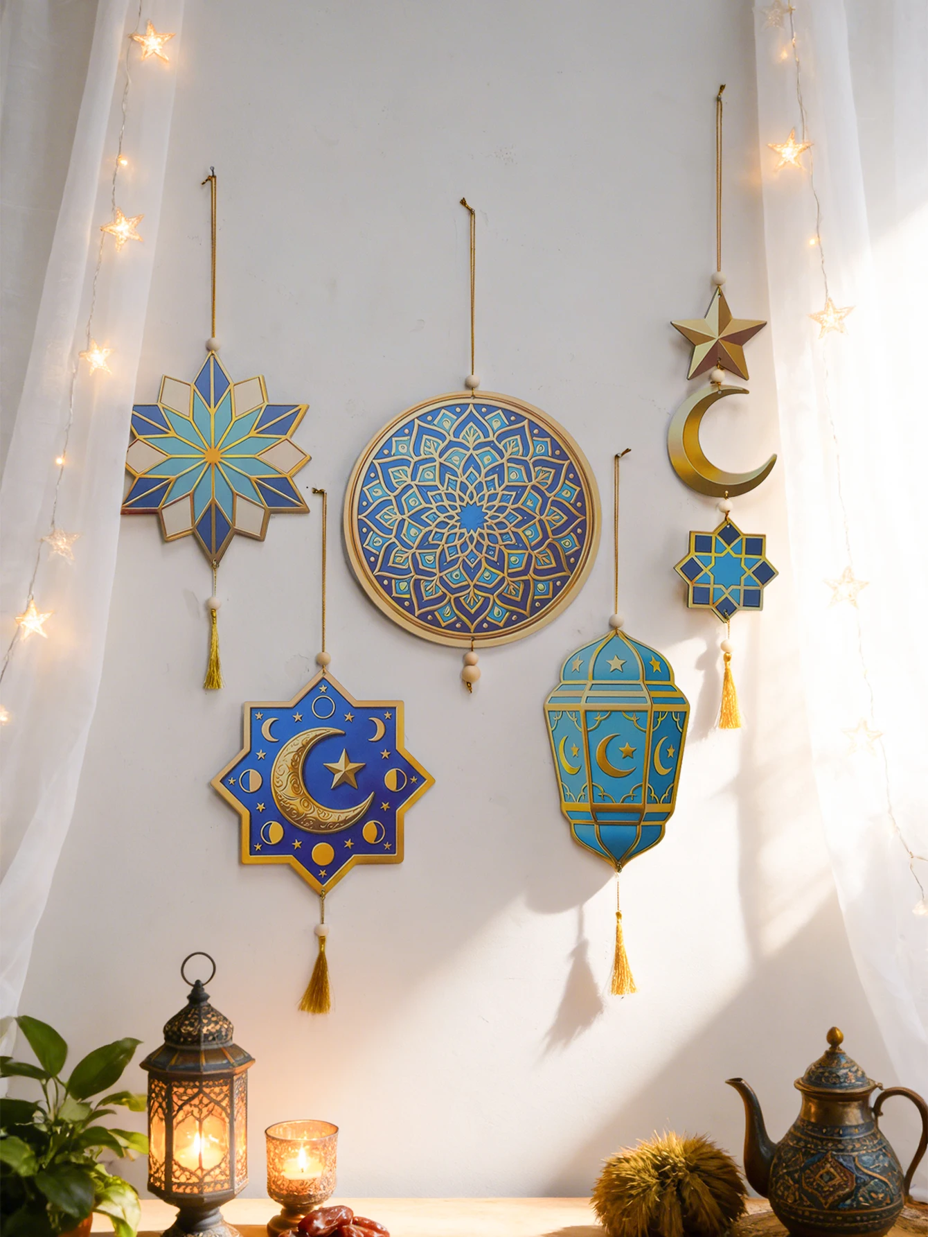 Islamische Ramadan Wandbehang Dekor Mond Sterne Laterne Quaste Ornamente für Muslim Festival Zuhause Wohnzimmer Party Dekoration Geschenk