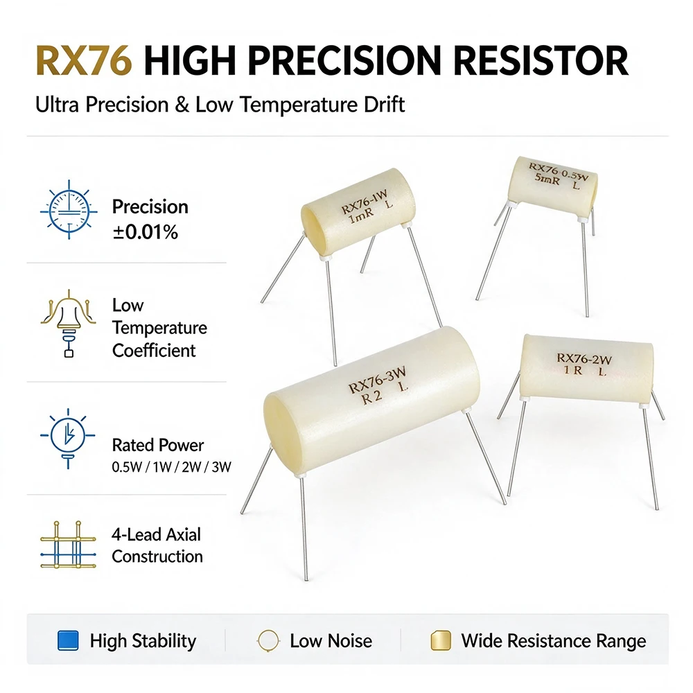 1PCS RX76 0.01% High Precision Wirewound Resistor 0.5W 1W 2W 3W 4Pin Low Temperature Drift Sampling Resistance 0.1 0.2 0.5 2 Ohm