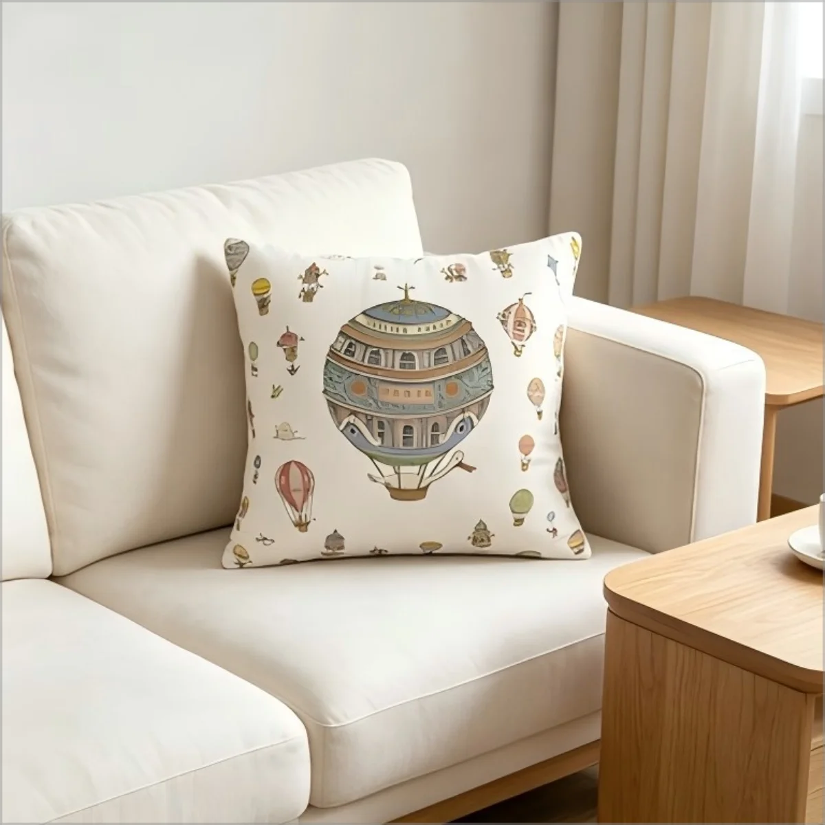 Vintage French Hot Air Balloon Pillow Cover, Double Sided Whimsical Illustrated Cushion for Living Room, Bedroom Playroom Decor