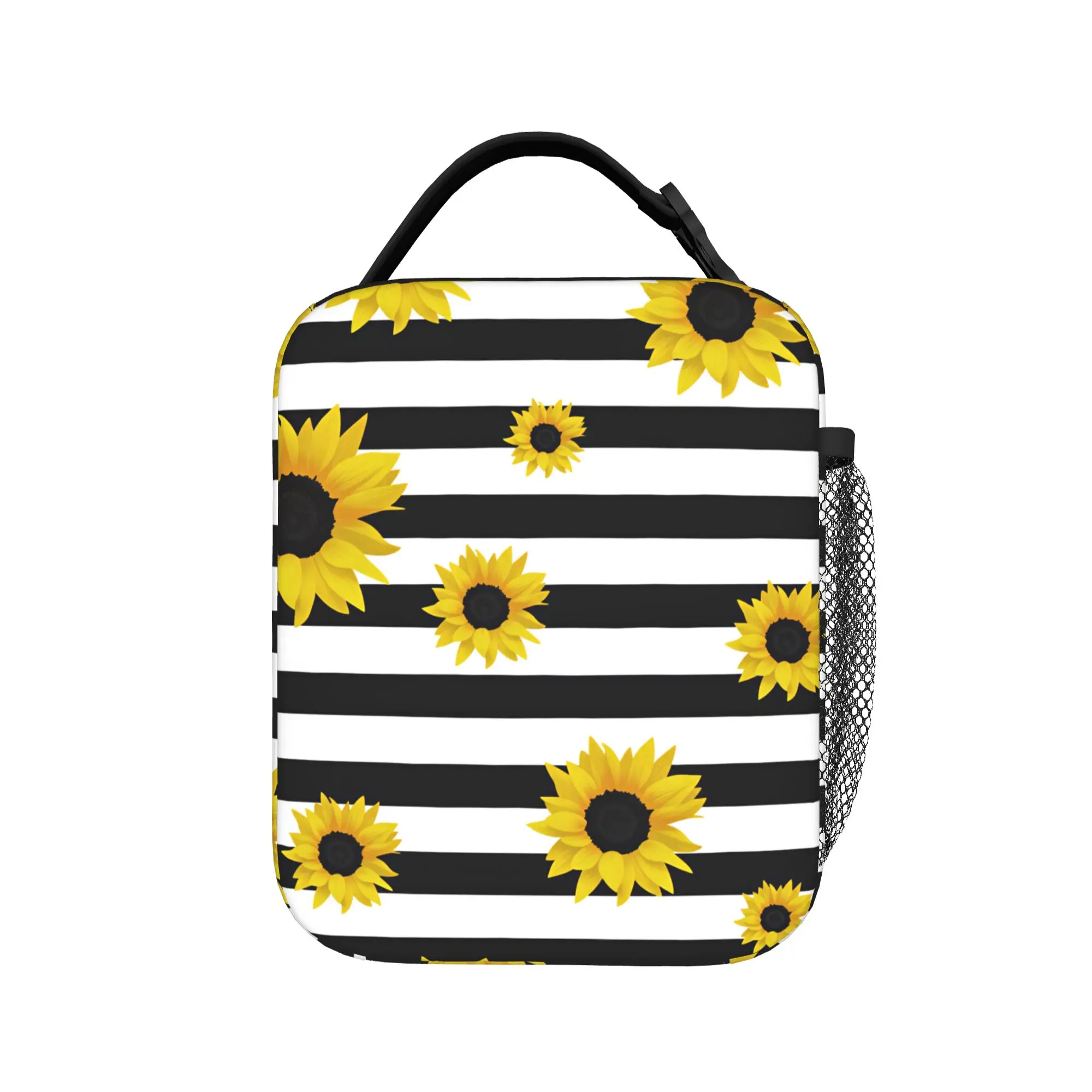 Sunflower Monochrome Stripes Lunch Bag For Child  Print Picnic Lunch Box Cute Portable Oxford Cooler Bag