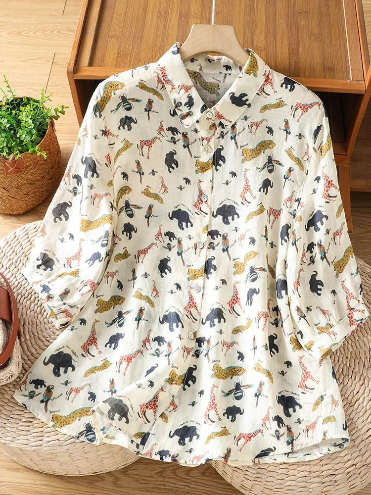 

Retro Contrast Color Printed Flax Shirt Women Summer Elegantly Collared mid Sleeve Loose Breathable Open Cardigan Top Thin