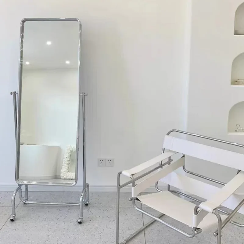 Nordic Internet Rode Riem Wiel Verplaatsbare Kleding Winkel Full Body Spiegel Fitting Spiegel Ins Rvs Frame Vloer Gemonteerd Dr