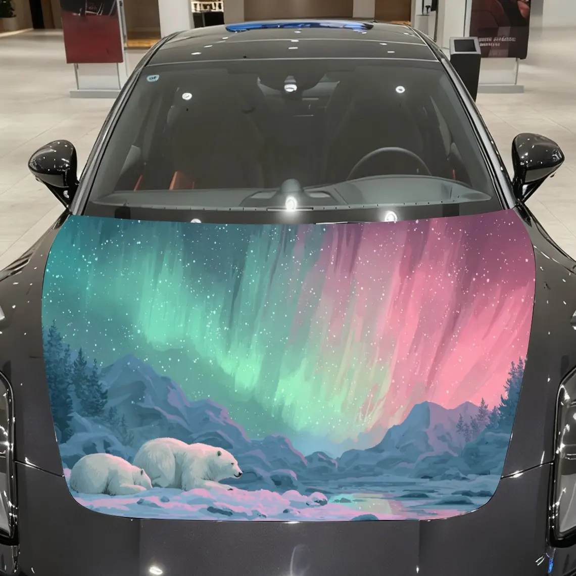 

Celestial Aurora Polar Bear Auto Cover Sticker, Waterproof and Self-adhesive Auto Hood Decal, Auto Vinyl Wraps, Cool Car Exterio