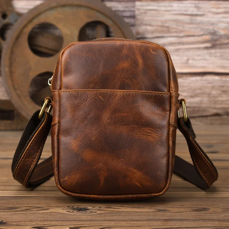 

Retro Genuine Cowhide Leather Small Crossbody Bag Distressed Brown Compact Shoulder Bags for Daily Commuting Casual Outings