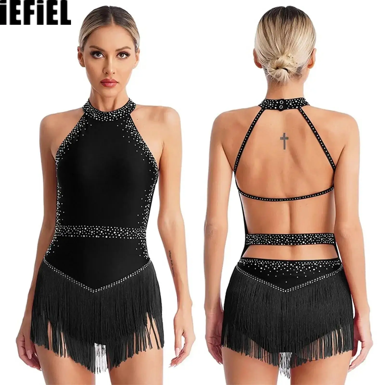 

Womens Tassel Latin Leotard Shiny Rhinestones Halter Backless Fringe Bodysuit Ballroom Latin Tango Salsa Dance Costume
