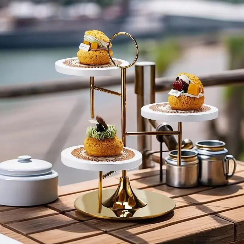 Elegant Gold Stainless Steel Buffet Dessert Display Stand Set with Marble Plate Food Rack for Hotel Wedding Catering