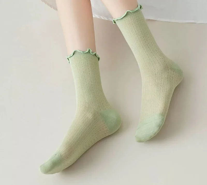 Lolita Women Ruffle Edge Middle Tube Socks Summer Thin Breathable Mesh Socks Candy Color Girls Pile Socks Matching Leather Shoes