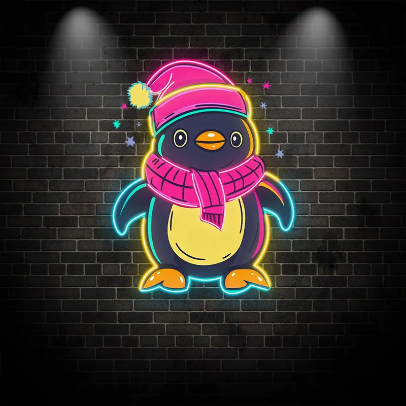 Adorable Penguin Neon Sign, Winter LED Light with Hat and Scarf for Kids Room, Christmas Decoration & Party Decor, Cute Wall Art