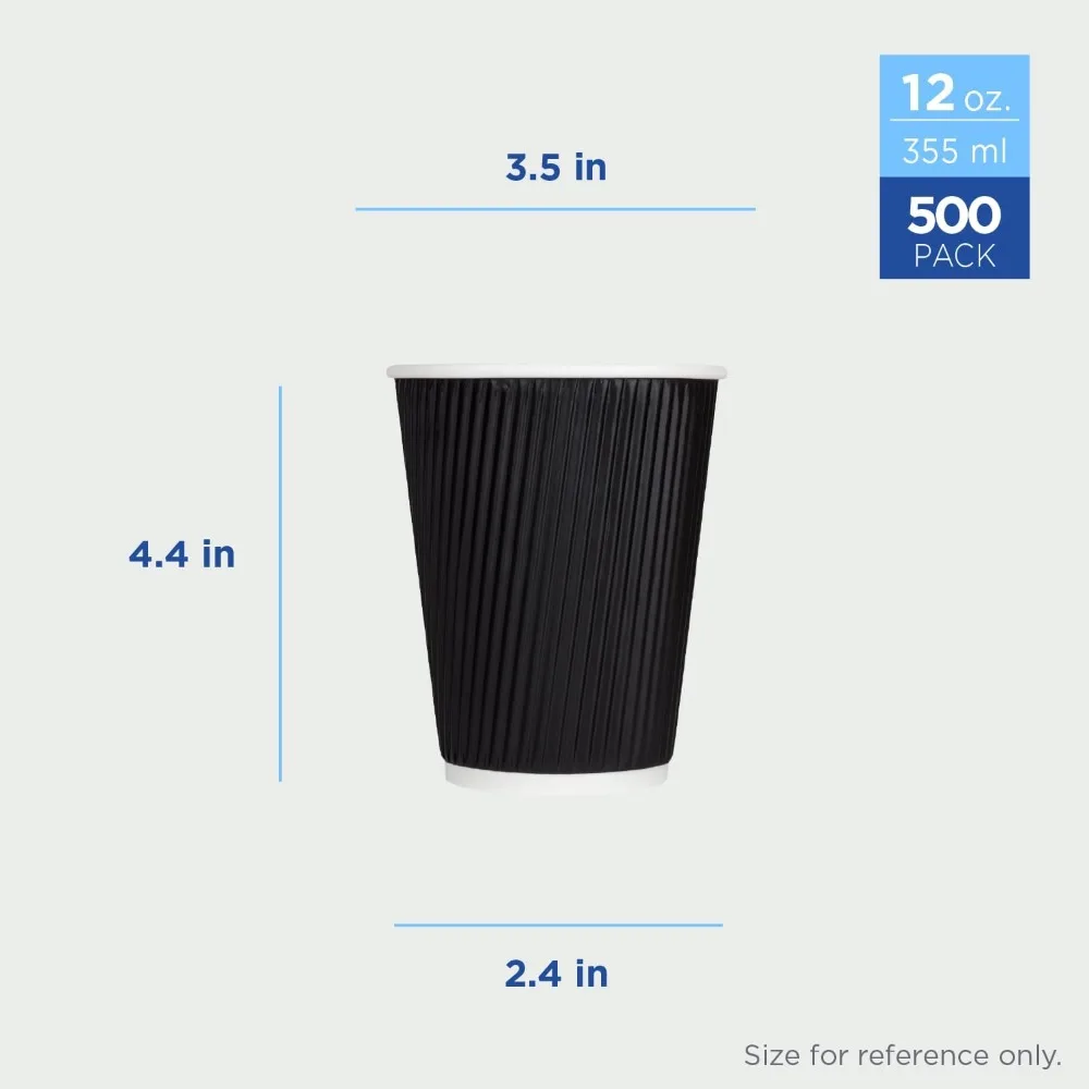 Tazas de café de papel ondulado aisladas de 12 oz, desechables, resistentes, a prueba de fugas, 90 mm, sin tapas, paquete a granel de 500, negro, ideales para caliente