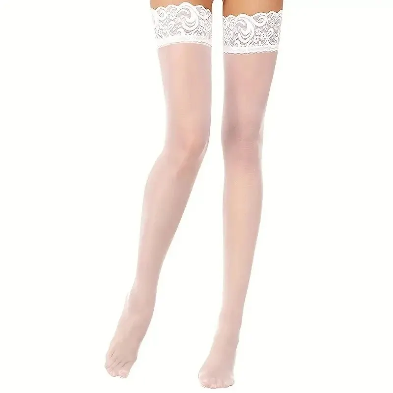 جوارب نسائية شفافة من الدانتيل أعلى الفخذ، جوارب طويلة شفافة مضادة للانزلاق من السيليكون فائق اللمعان