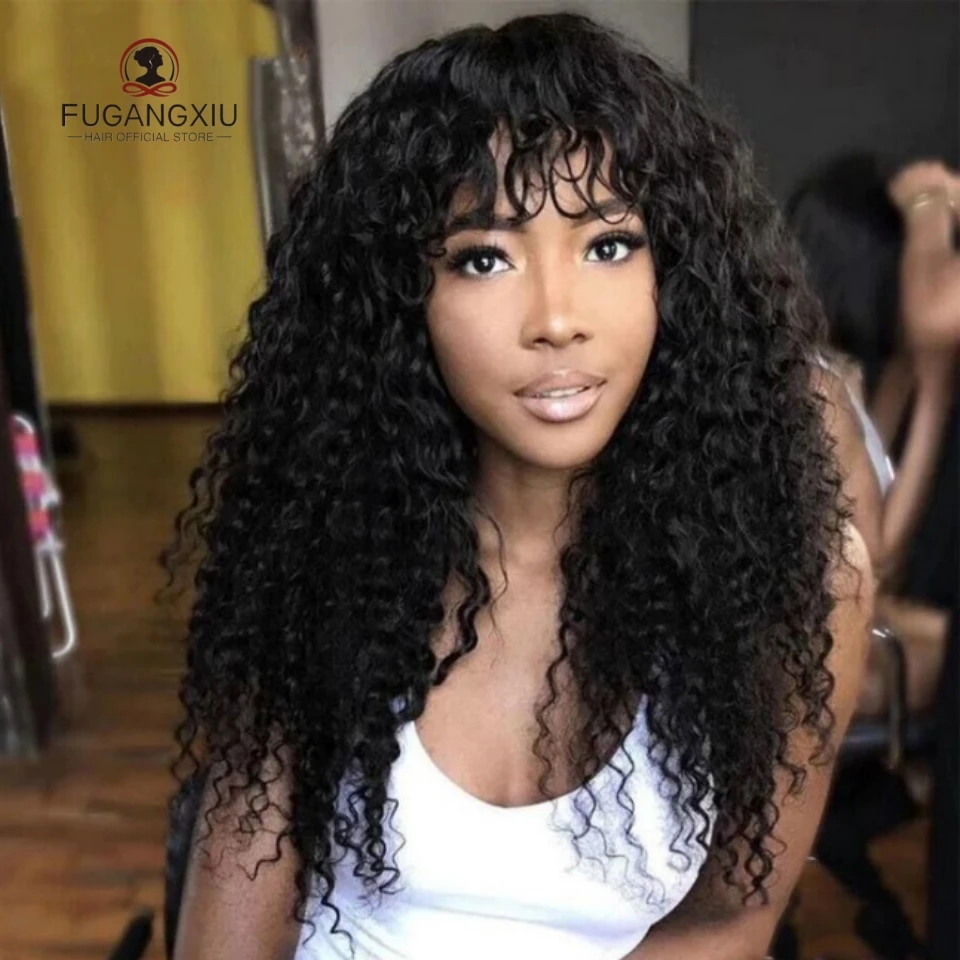 

FGX-30 inch Water Wave Wig With Bangs Human Hair Realistic Look Bang Wig 180% Kinky Curly Wigs for Black Women Natural Black