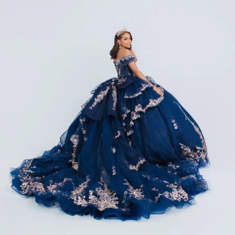Royal Blue Glitter Quinceanera Dresses Off Shoulder Ball Gown Sweet 16 Dress Gold Applique Beading Bow Tull Party Birthday Vesti