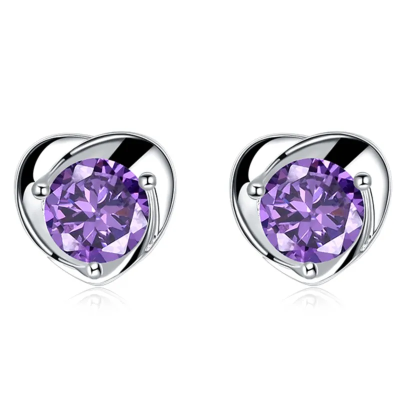 Purple Passion: Silver Color Heart-shaped Cubic Zirconia Stud Earrings for Women - A Symbol of Love and Luxury